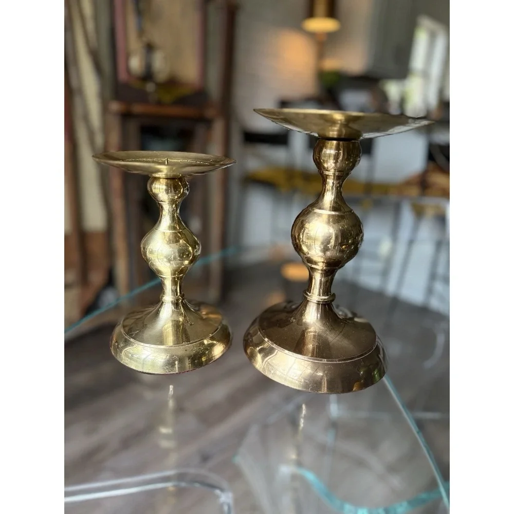 Vintage Solid Brass Bulb Pillar Candle Holders Pair Graduated Hollywood Regency